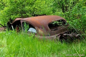 Bilvrak i sommargrönskan
